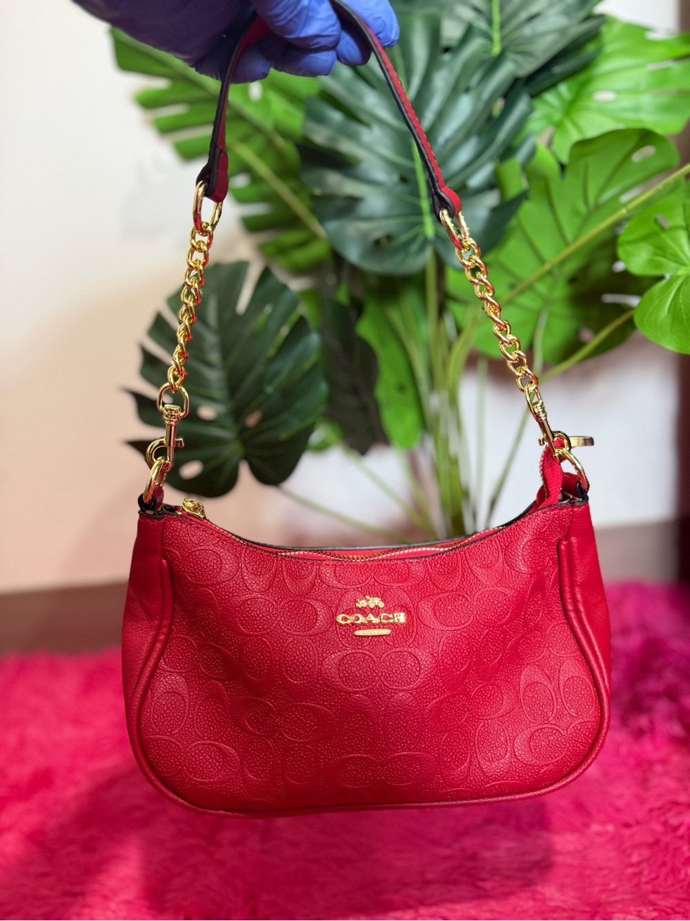 Coach Red Signature Embossed Leather Shoulder Bag with Gold Chain Strap